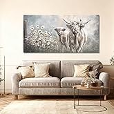 YETHEN WAL Highland Cow Canvas Wall Art, Large Floral Crown Portrait, Rustic Farmhouse Wall Decor for Living Room, Above Sofa, Ready to Hang, 24x48 Inch