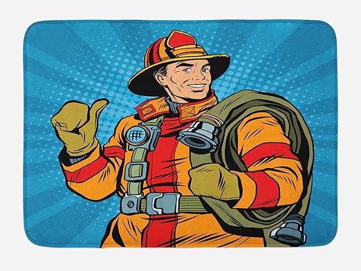 Amazon Com Lunarable Fireman Bath Mat Comic Book Firefighter With Uniform Thumbs Up On Halftone Background Plush Bathroom Decor Mat With Non Slip Backing 29 5 X 17 5 Multicolor Kitchen Dining