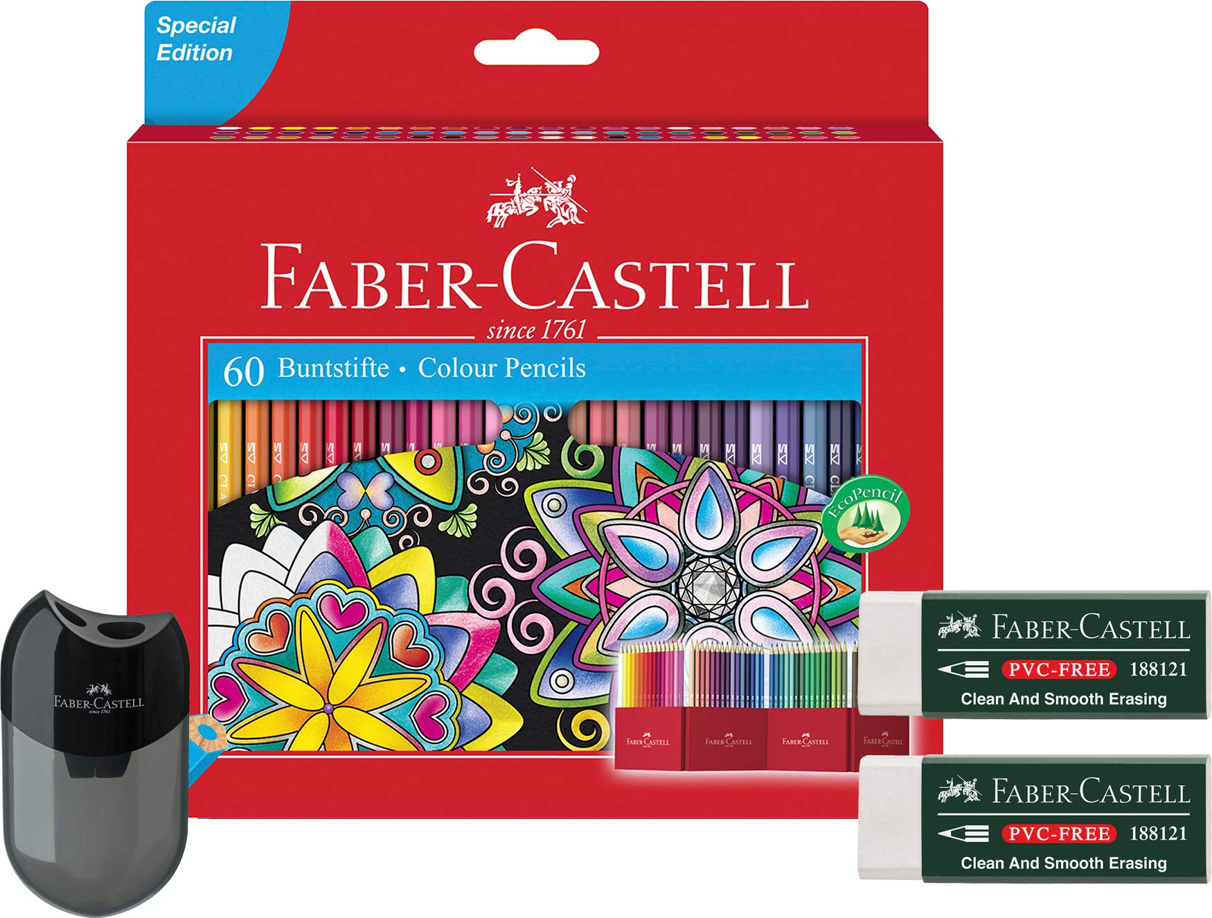 Faber-Castell Castle 111260 Colouring Pencils, Pack of 60 in Cardboard Case with Double Sharpener and 2 PVC-Free Erasers