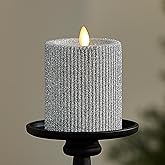 Luminara Brilliant Silver Glitter Ribbed Flameless LED Candle Moving Flame Pillar, Real Wax, Flat Top, Timer (3.25" x 4.5")