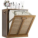 HITNET Bamboo Tilt Out Laundry Hamper, Bathroom Storage Cabinet with Hidden Removable Basket and 3 Sides Cutout Handles, Freestanding Hamper Organizer for Dirty Clothes, Walnut