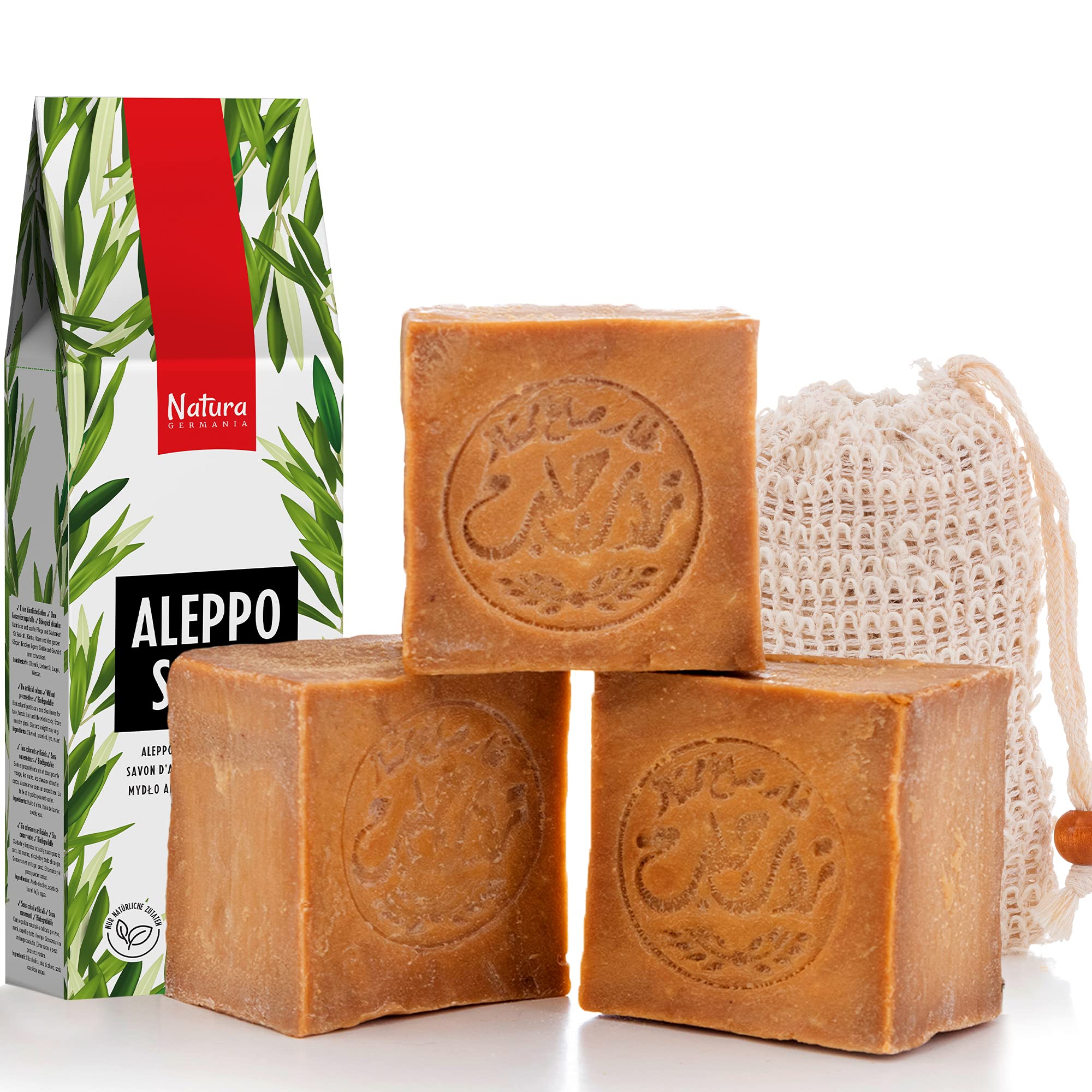 Natura Germania® 3 x approx. 200 g original Aleppo soap 90% olive oil, 10% laurel oil.
