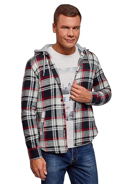 oodji Ultra Herren Kariertes Hemd mit Kapuze