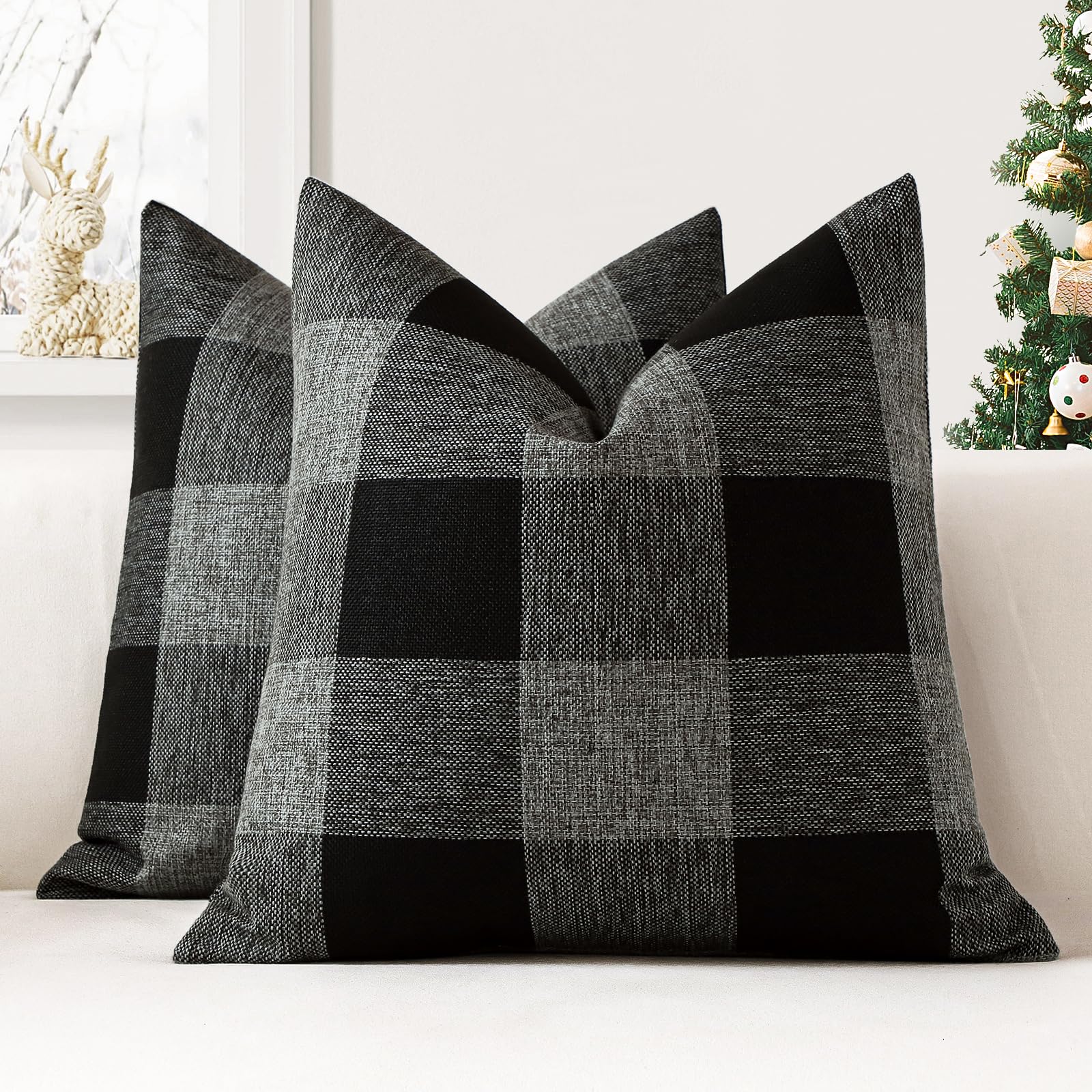 JOTOM Set of 2 Classic Plaids Cushion Covers 60x60 cm Farmhouse Buffalo Check Soft solid Decorative Throw Pillow Covers Home Decor Outdoor Cushion Case for Sofa Bedroom (Black Grey)
