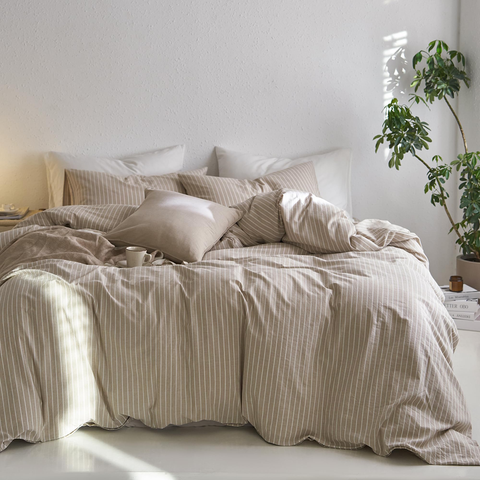 Photo 1 of MooMee Striped Duvet Cover Set 100% Washed Cotton Linen Like Textured Breathable Durable Soft Comfy (Tannish Linen Grey White Wide Stripes, Oversized Queen 98"x98")
