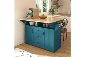 Merax 55.7'' Kitchen Island with Drop Leaves and Storage, Rolling Kitchen Cart with Power Outlet, 3 Drawers, Spice Rack, Towe