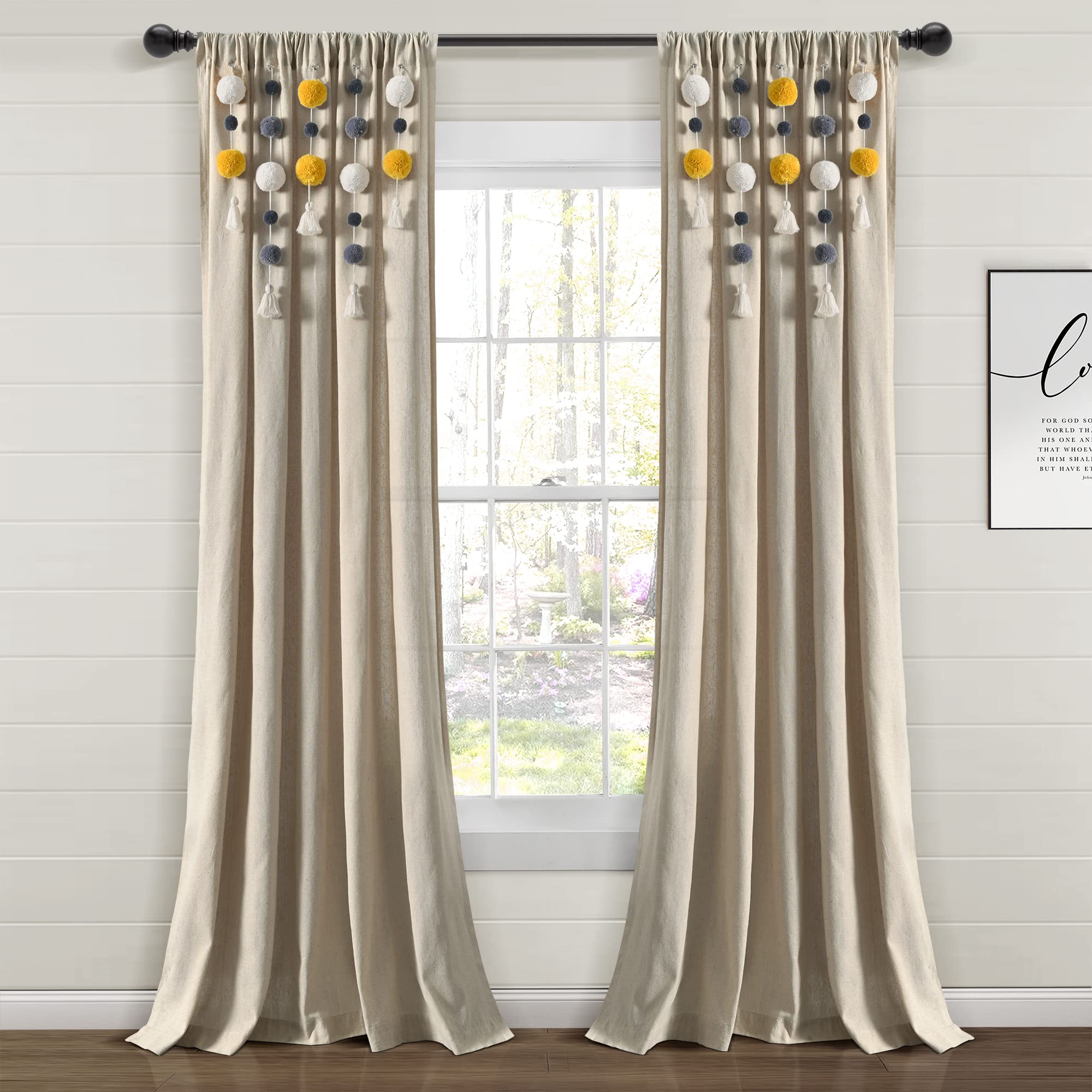 Lush Decor Boho Pom Pom Tassel Linen Window Curtain Panel (Single Panel), 95" L x 52" W, Yellow & Gray