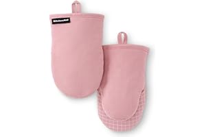 KITCHENAID Gourmet Series Gridlines Mini Oven Mitts 2-Pack Set, Heat Resistant up to 600°F, Soft Silicone Grip, Magnetic Cuff, Dried Rose, 5.5"x9"