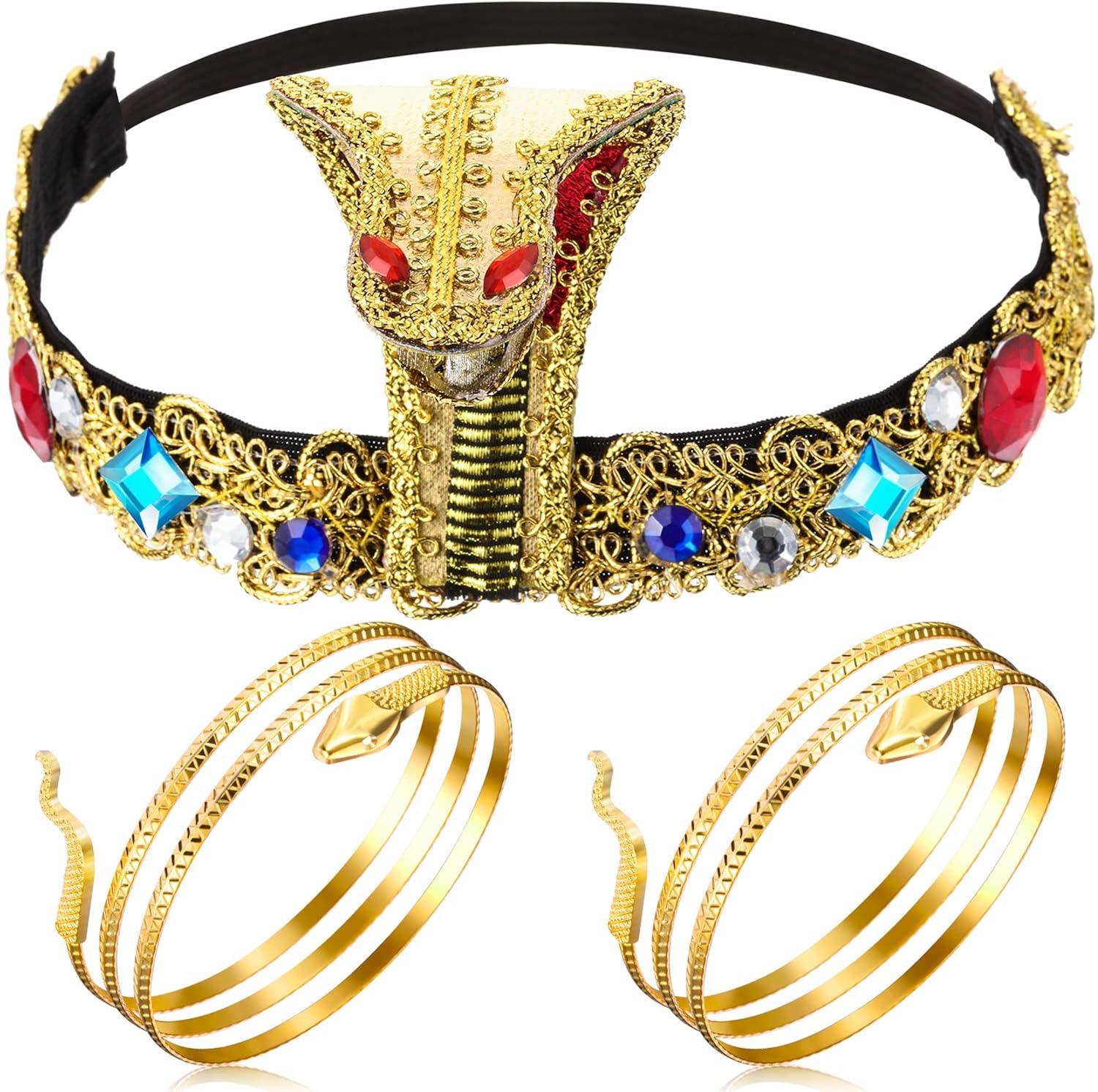 Hicarer Egyptian Costume Accessories Egyptian Headpiece with 2 Metal Snake Cuffs for Women Metal 3 Pieces, 24 centimètres, Metal