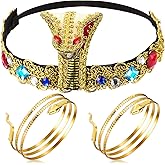 Hicarer 3 Pcs Egyptian Costume Accessories for Women Mardi Gras Gold Egyptian Queen Headpiece with Metal Snake Arm Cuffs Swirl Bracelets Snake Upper Bracelets for Easter Cosplay Jewelry