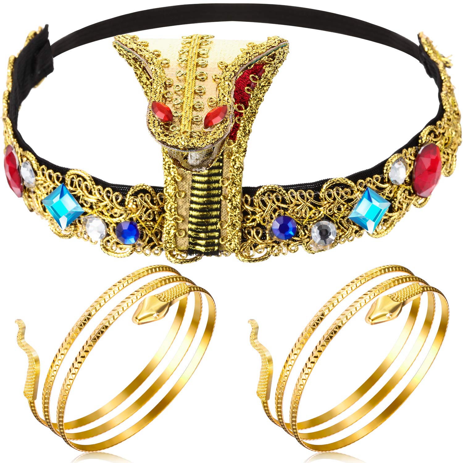Hicarer Egyptian Costume Accessories Egyptian Headpiece with 2 Metal Snake Cuffs for Women, Metal 3 Pieces, 24 centimètres, Metal