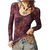MakeMeChic Women's Y2K Boho Floral Lace Mesh T Shirt Long Sleeve V Neck Sheer Vintage Tee Top