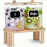 2 Pack Drink Dispenser with Wood Stand, Glass Beverage Dispenser with Spigot and Labels, Glass Water Dispenser for Parties, Lemonade Dispensers for Juice, Tea, and Home Bar Party Drinks (1 Gallon)