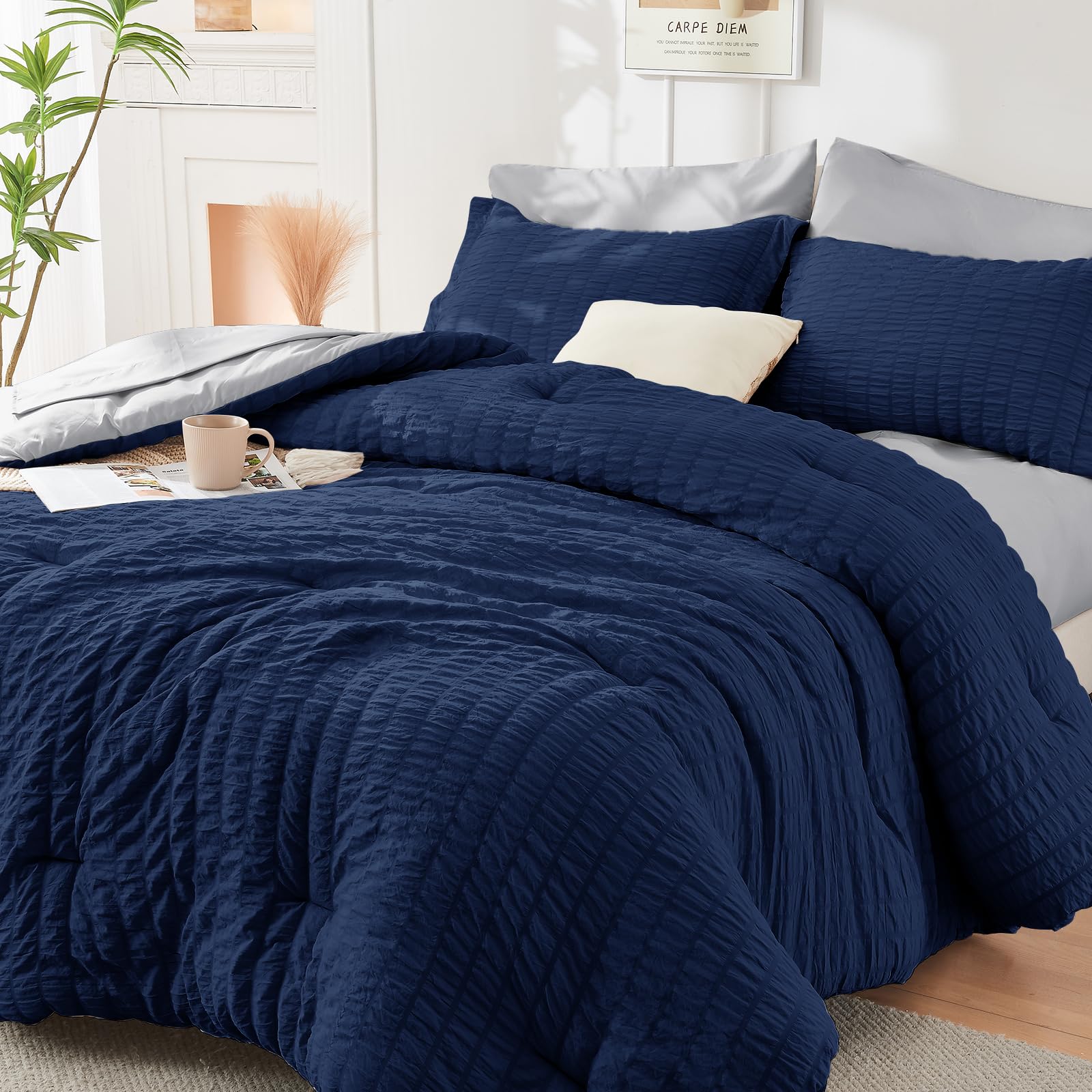 HYMOKEGE Navy Blue/Light Grey Full Size Comforter Sets Seersucker 7 Pieces, All Season Luxury Bed in a Bag for Bedroom, Bedding Set with Comforter, Sheets, Pillowcases & Shams Image