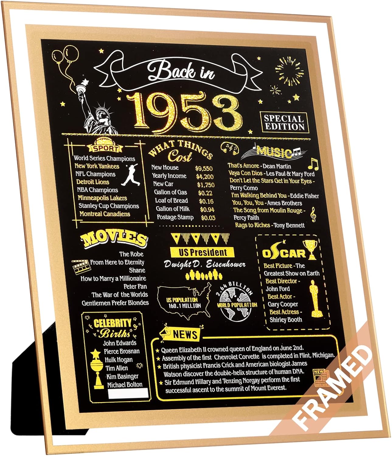 Wall Décor - FALAMON Framed 70th Birthday Gifts for Men or Women, 8x10 Inch Birthday Decorations Anniversary Poster, 70 Year Old Birthday Card Party Supplies Gifts for Wife Husband, Back in 1953