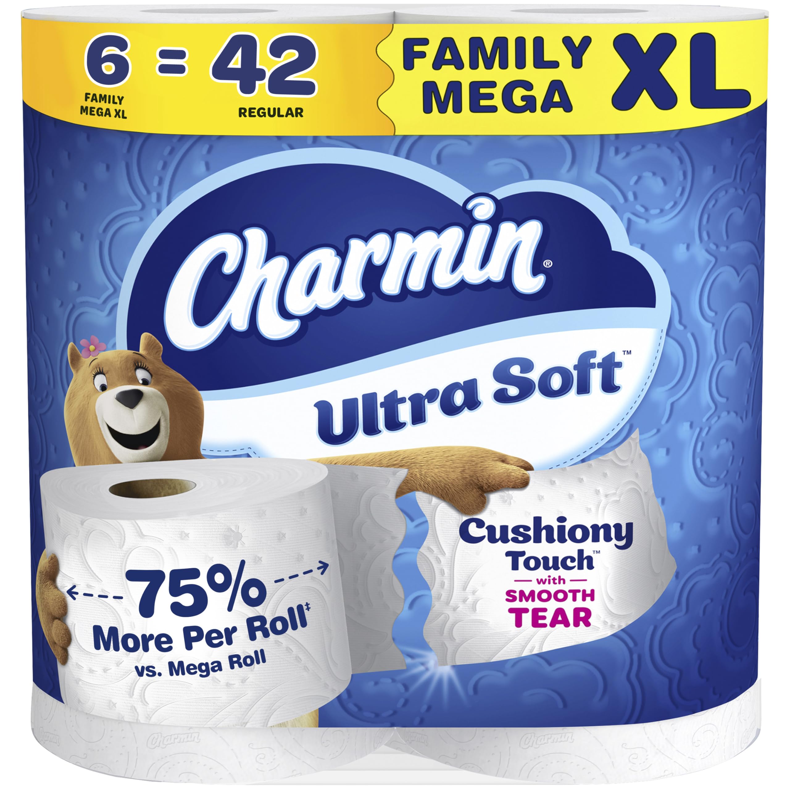 Photo 1 of **MISSING PARTS/check clerk comments**
Charmin Ultra Soft Cushiony Touch Toilet Paper, 6 Family Mega XL Rolls = 42 Regular Rolls