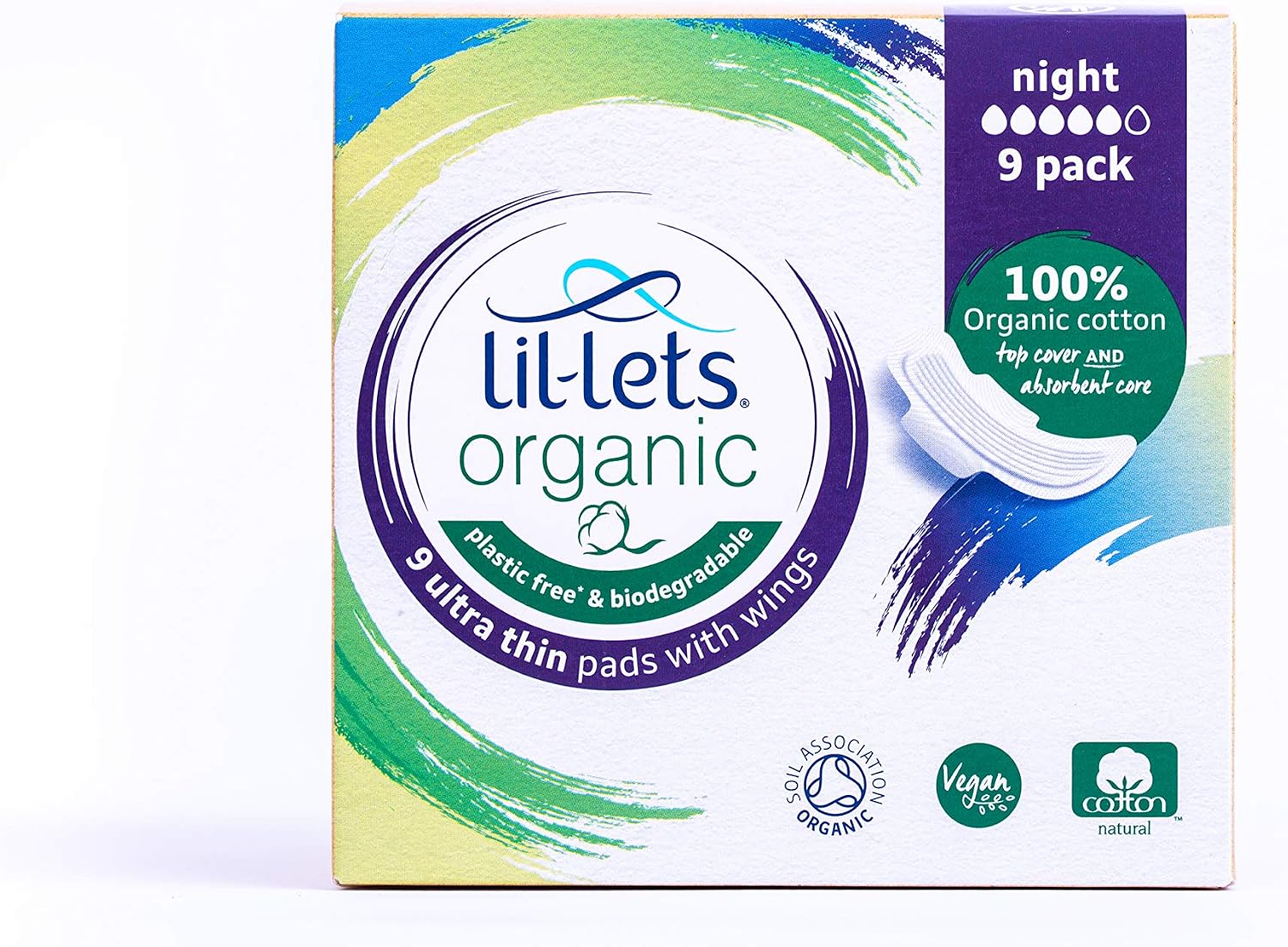 Lil-Lets Organic Cotton Night Pads, 9 Count, Ultra Thin, with Wings, for Medium to Heavy Flow GOTS Certified, Plastic Free