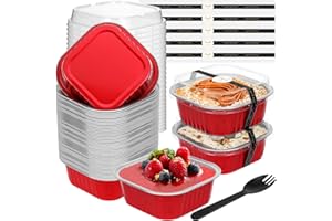 JuneHeart Mini Cake Pans with Lids and Spoons (50 Pack, Red, 10oz) Aluminum Foil Square Muffin Pans - Mini Aluminum Pans with Lids for Dessert and Party