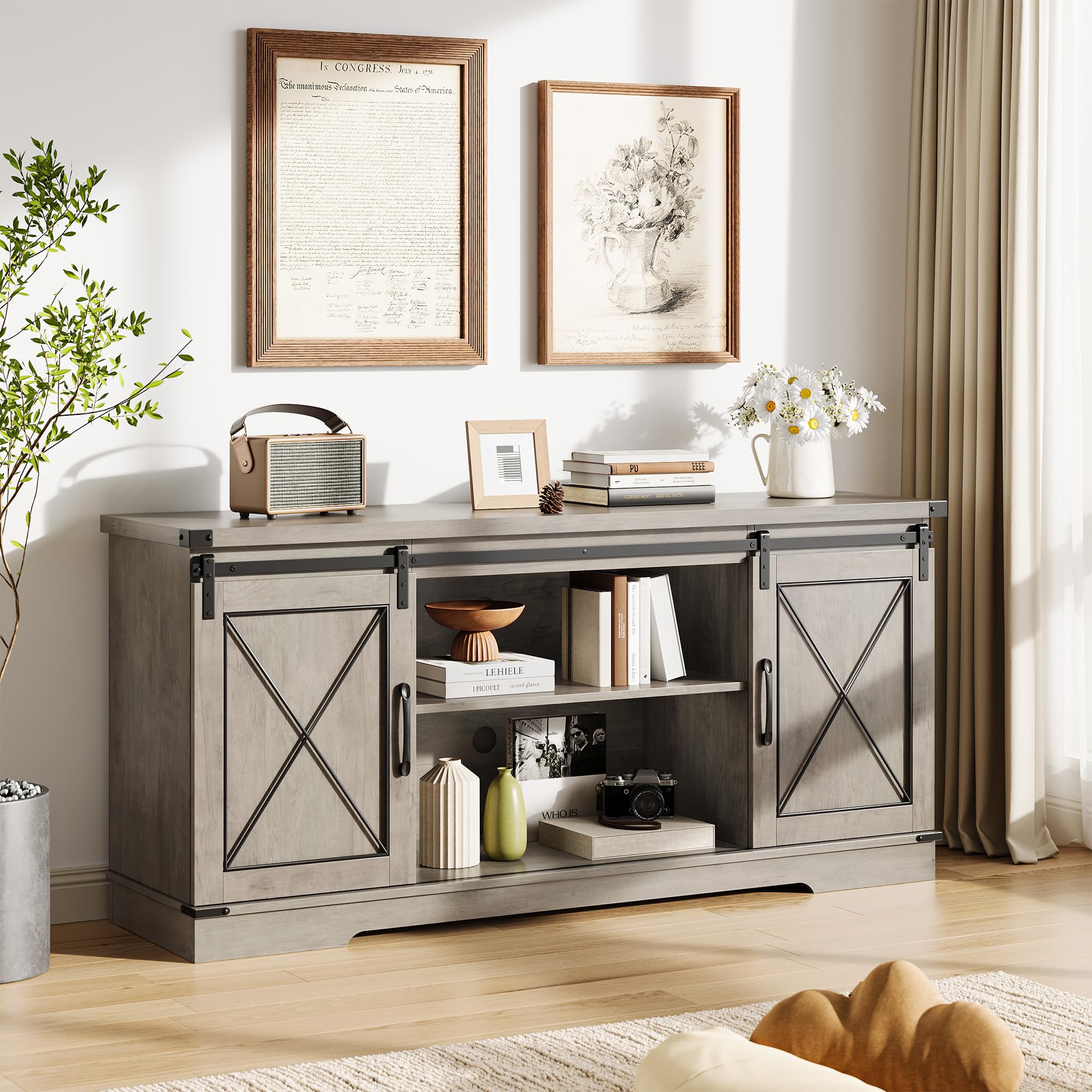 Photo 1 of (assembly required) IDEALHOUSE Farmhouse TV Stand and Entertainment Center for Tv up to 65 inches with Sliding Barn Doors and Adjustable Shelf, Tv Media Console Table with Storage Cabinet for Living Room, Grey