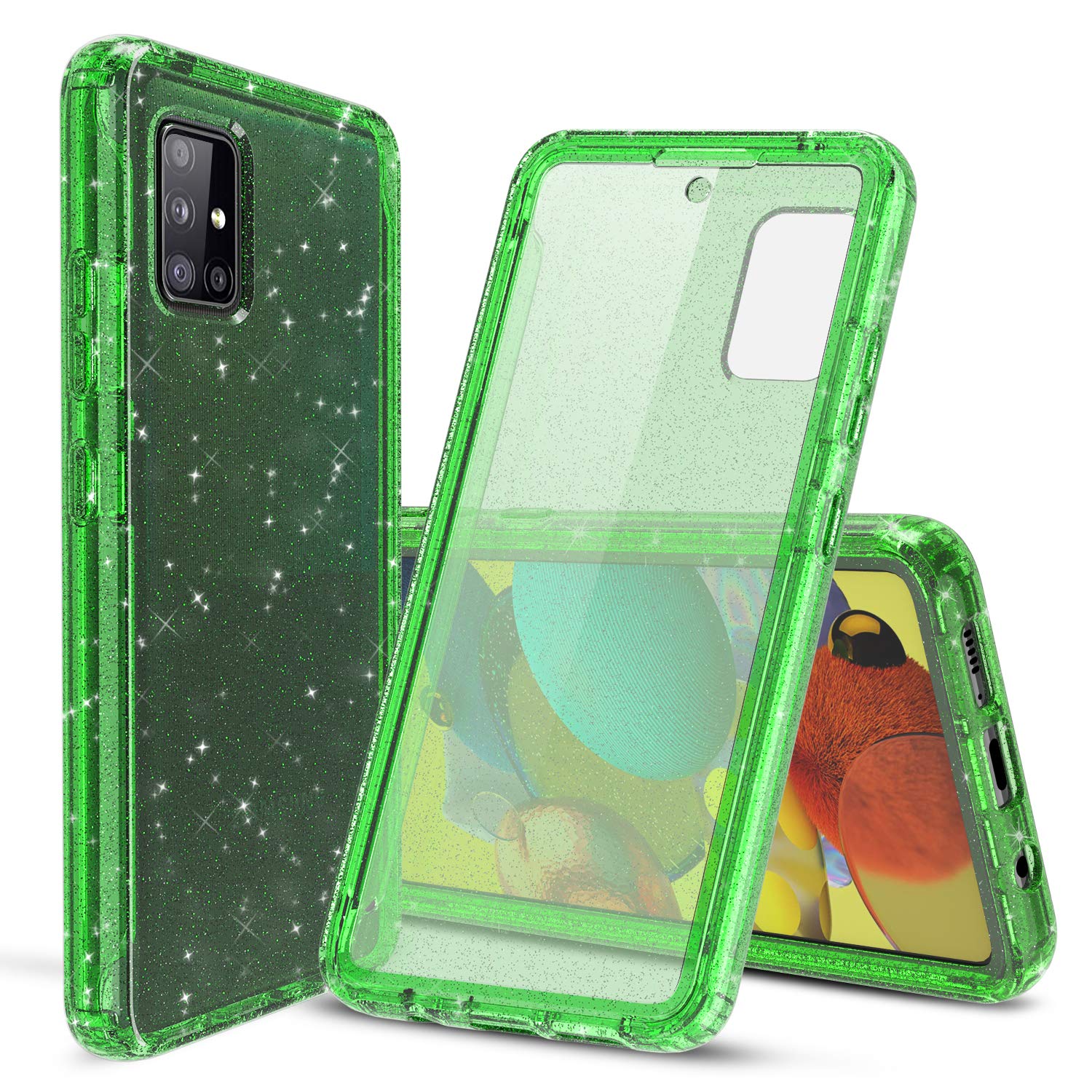 Cbus Wireless Transparent Case with Glitter Full Body Anti-Shock with Built-in Screen Protector for Samsung Galaxy A51 5G (Green)