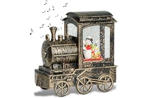 GenSwin Christmas Snow Globe Lantern Train Water Swirling Glitter with 6H Timer, Musical LED Lighted Battery Operated Snowman Scene for Christmas Home Decoration and Gift(Copper)