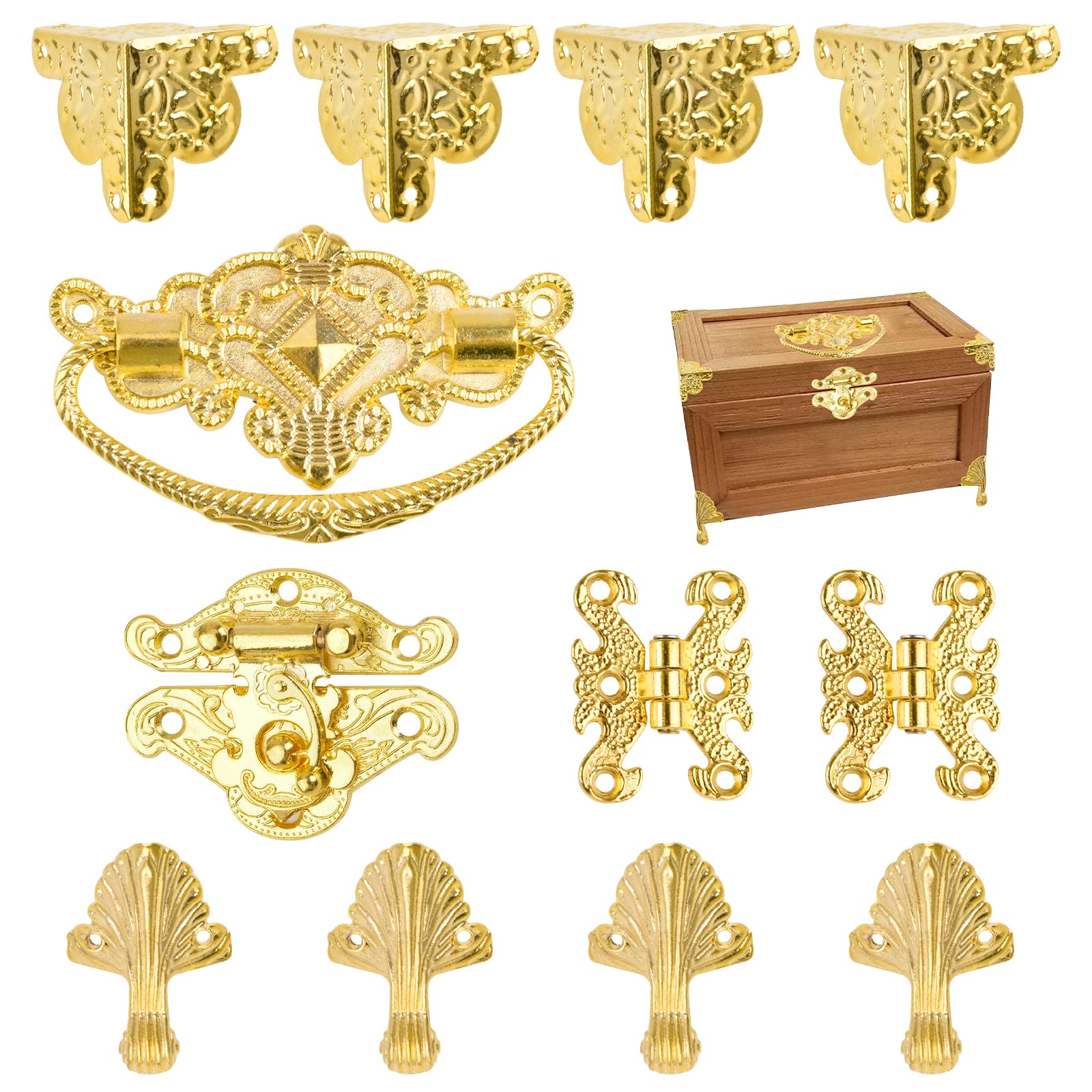 Photo 1 of MOROBOR Gold Jewelry Box Antique Lock Latch Hasp Hinges Handle Box Corner Protectors Kit for DIY Jewelry Box, Wood Case Jewelry Chest Storage Box Feet Leg Corner Protector Set, Box not Included