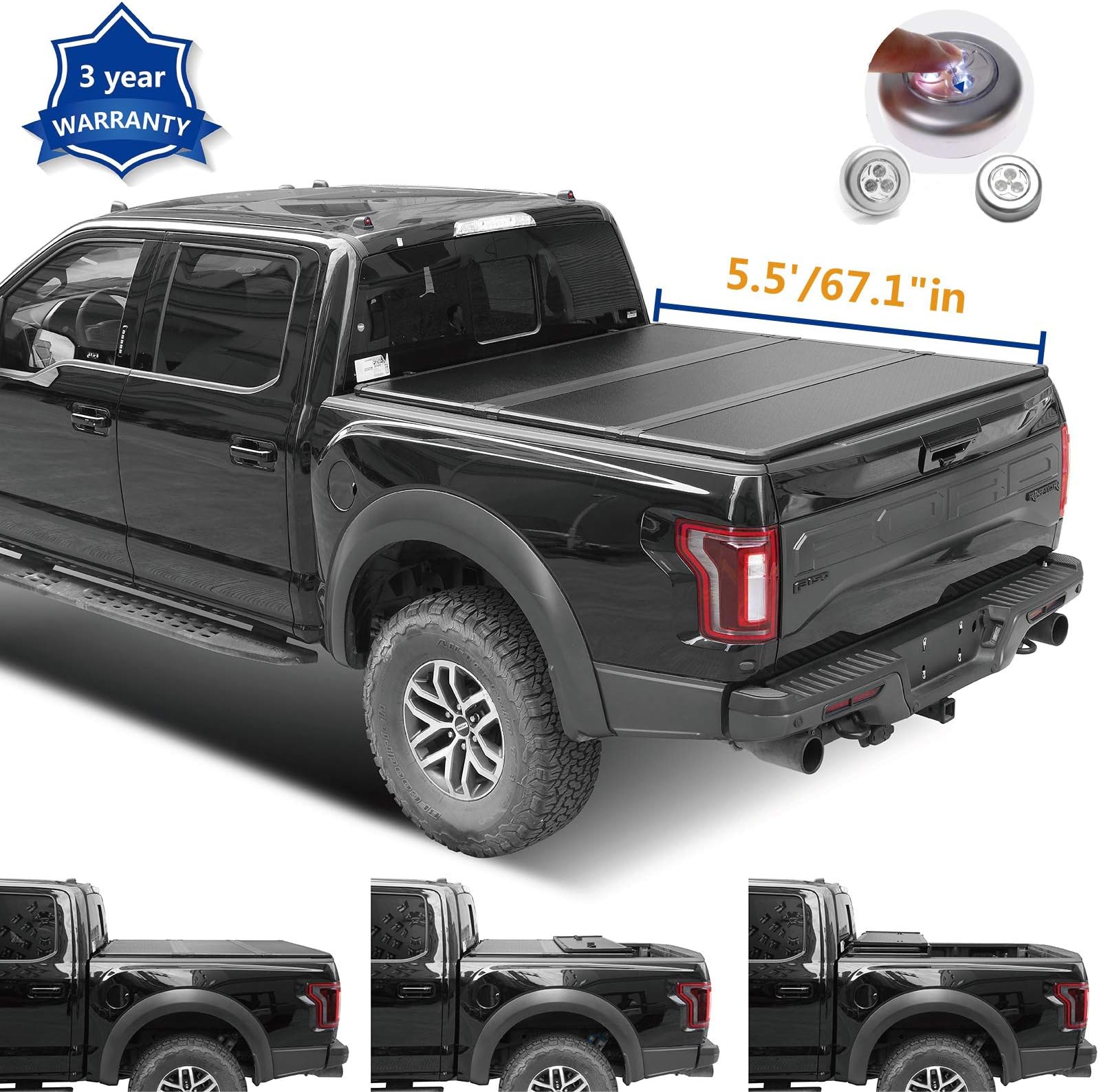 Riseking 5.5ft 67.1" Bed Hard Tri Fold Truck Bed Compatible with 2015-20 F150 (NOT for Track Sys. & Roll Bar Models) Qty1 Tonneau Cover Assembly+LED Lamp+Instruction+Waterproof Adhesive Tape
