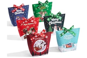 SLShePack 48PCS Christmas Treat Boxes with Ribbons,6 Patterns Gift Bags for Coworkers Decorations Boxes Party Favors Boxes(L3.5 x W2.2 x H5.0 inches)