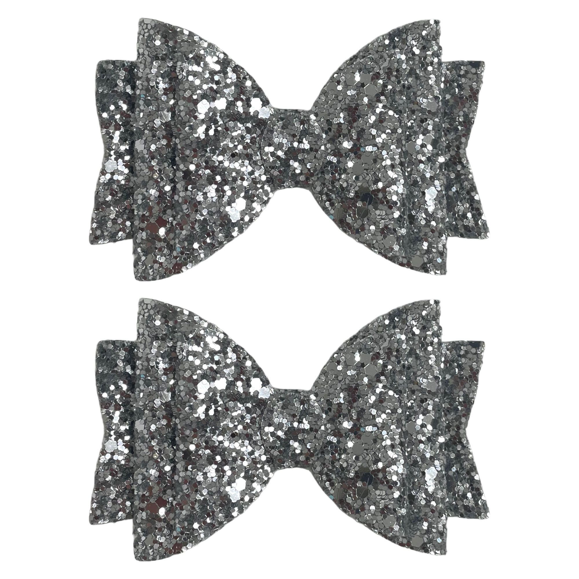 Beautiful Silver Glitter Hair Bows Clips Slides Grips for Woman Girls Handmade 3.5" inch - 2 Pack