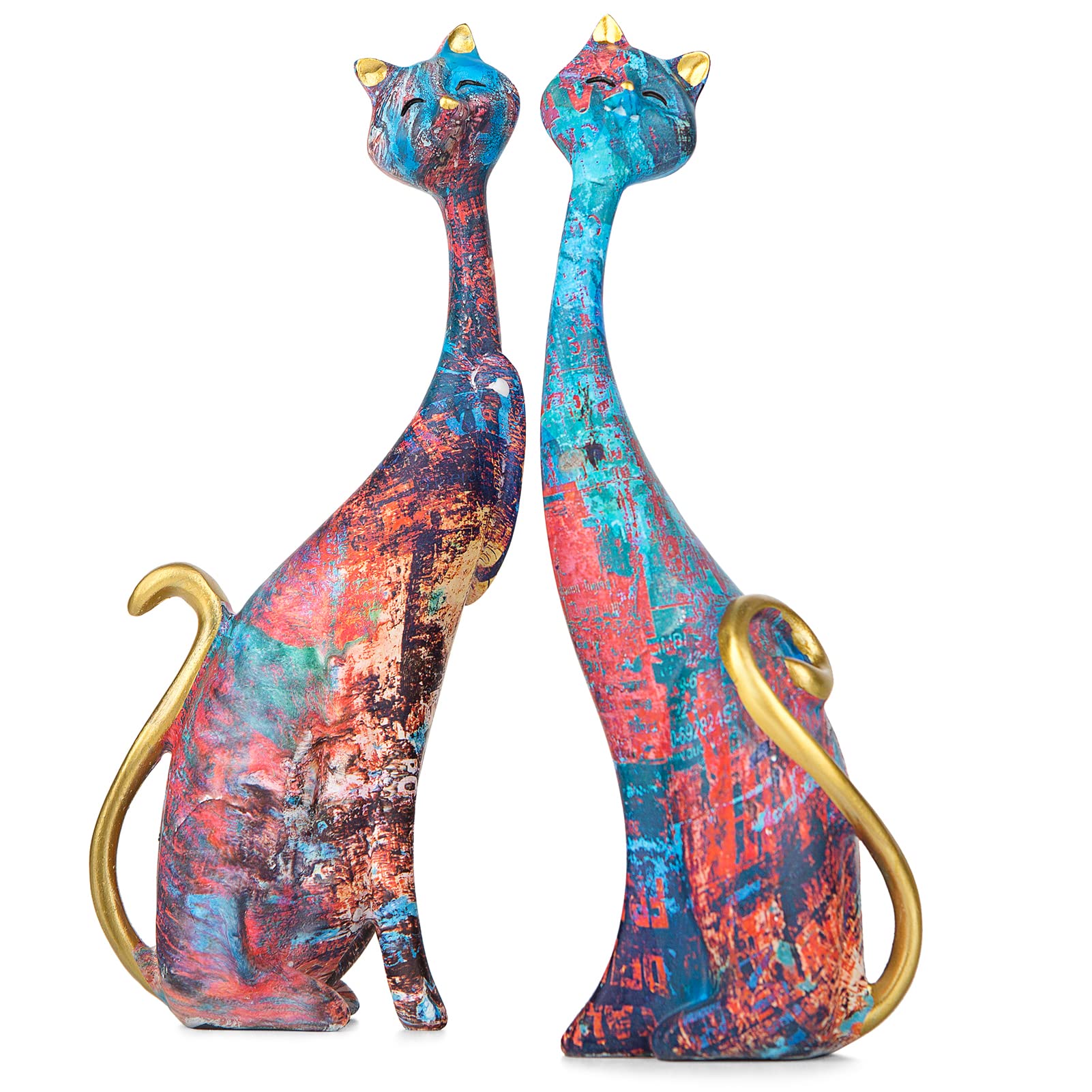 masteymoh Oil Painting Cat Statues Home Decor Set of 2, Sculptures and Figurines 9.6-Inch Resin Art Sculptures, Couple Statue for Bookshelf & Desktop, Decorative Statue,
