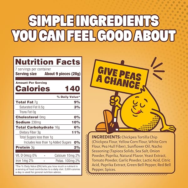 HIPPEAS CHICKPEA TORTILLA CHIPS, NACHO VIBES GLUTEN FREE SNACKS, DAIRY FREE, VEGAN, 7OZ BAG, 3G PROTEIN, 3G FIBER, CRUNCHY, NUTRITIOUS, BAKED PLANT PROTEIN SNACK, NON-GMO, KOSHER