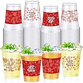 Jingmore 100 Pcs Red Christmas Snowflake Disposable Cups Bulk 12 oz Clear Red Snowflake Plastic Cups Cold Beverage Drinking Container for Christmas Wedding Baby Shower Party