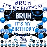 JOYMEMO Bruh It’s My Birthday Decorations Kit For Boy - Happy Birthday Bro Backdrop Banner, Bruh Cake topper and cupcake toppers, Blue and Black Teen Boy Birthday Party Supplies