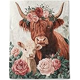 ainori Highland Cow and Calf Flannel Blanket - Lightweight Soft Cozy Gifts Blankets for Animal Lovers, Kids, Women, Floral Vintage Art Style Throw,Elegant Home Room Modern Decor 50x60in
