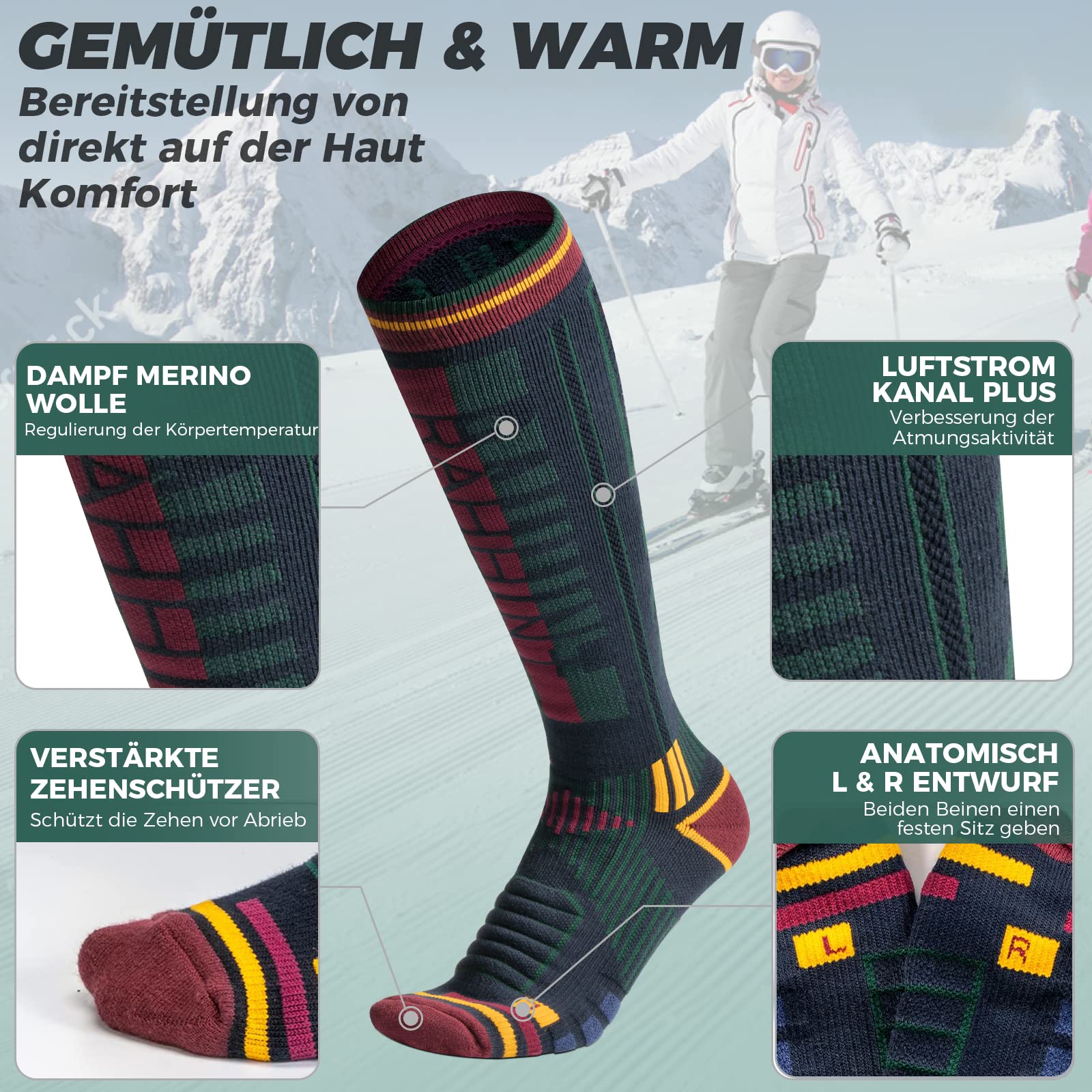 Rahhint Skisocken aus Merinowolle Thermosocken Wintersocken Warme Dicke Kniestrümpfe Kompressions Snowboardsocken, Kniehohe,für Herren und Damen, Größe 35-51，2 Paar 4