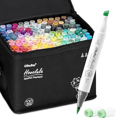 Ohuhu Alcohol Markers Brush Tip 120 Colors Dual Tip Set with Case