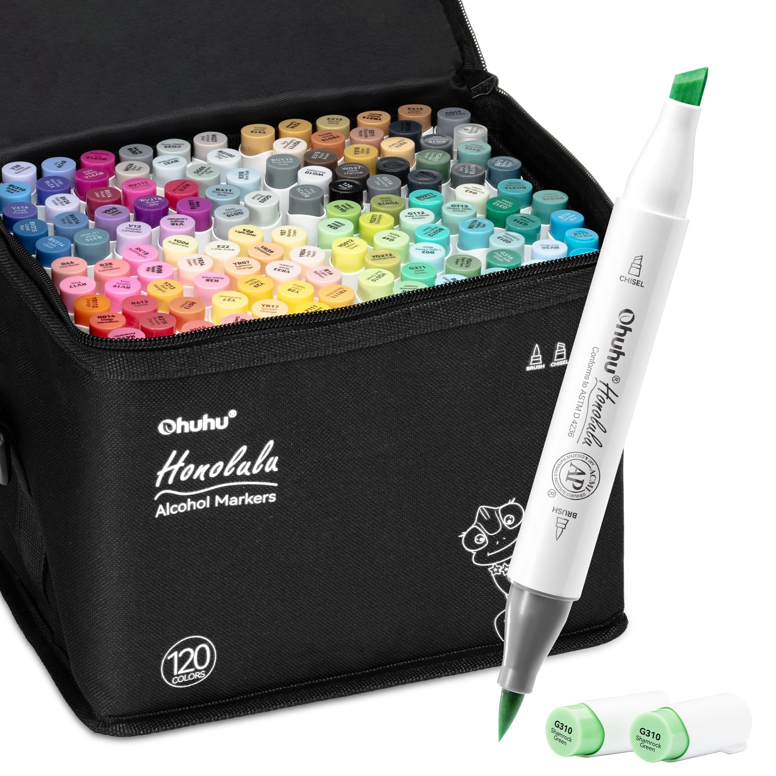 Ohuhu Alcohol Markers Brush Tip -Double Tipped Art Marker Set for Artist Adults Coloring Illustration - 120 Colors- Brush & Chisel Dual Tips- Honolulu of Ohuhu Markers- Refillable Alcohol-based Ink