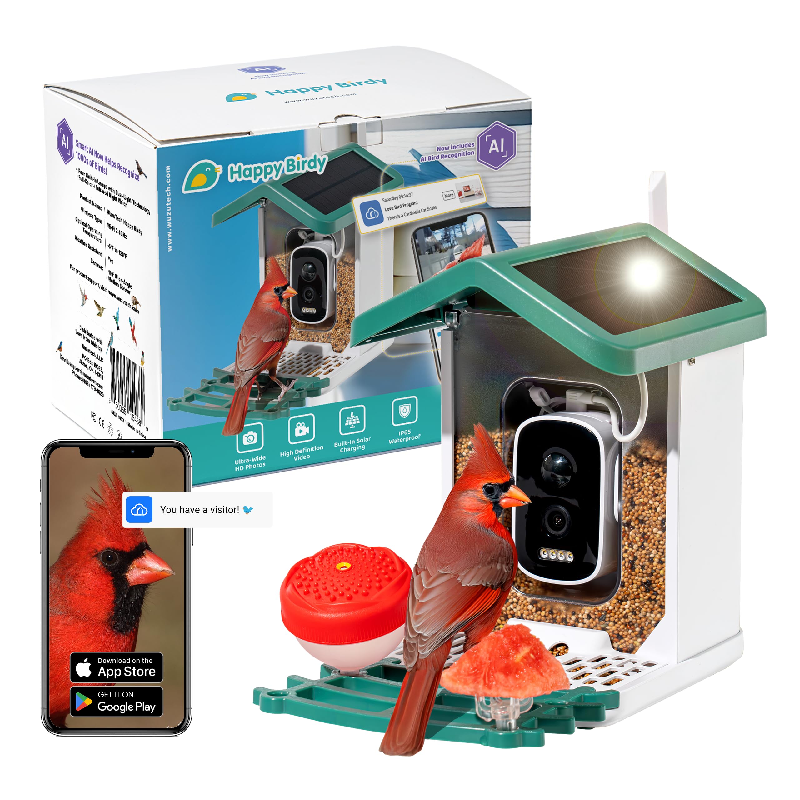 Photo 1 of Happy Birdy Smart Bird Feeder with Camera - 2.5K HD Video, Wild Bird Feeder with Wall Mount & Pole Strap Kit, Free AI App IDs 10K+ Birds, Solar Power Panels, Infrared Night Vision, Weatherproof IP67