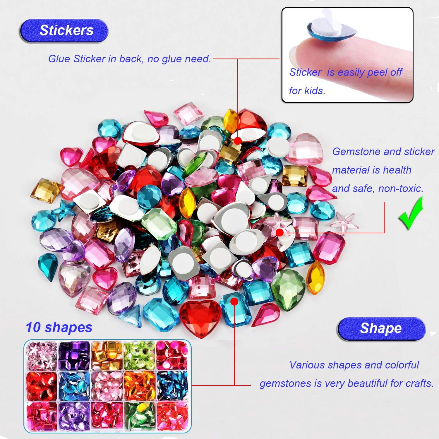 Self Adhesive Craft Jewels Jumbo Bling Crystal Gems Stickers 10 Shapes Color Rhinestones,Size :8mm to 20mm with Glue Stickers in Flat Back for Arts & Crafts Projects (600) - Image 3