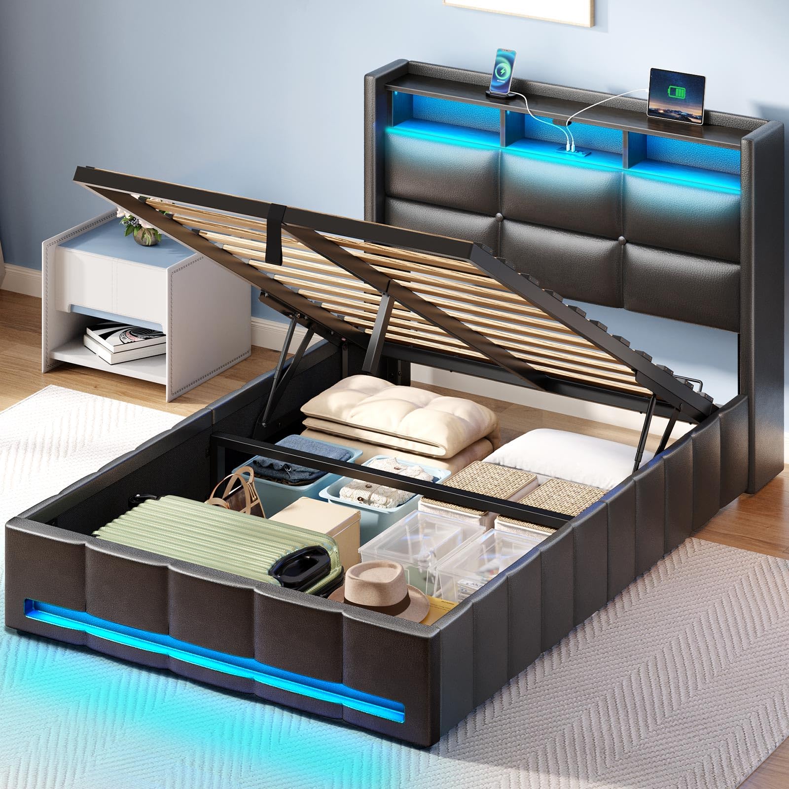 Photo 1 of (parts, base bottom) Rolanstar Bed Frame Twin Size with Lift Up Storage, Charging Station & LED Lights, Upholstered Storage Headboard, Heavy Duty Wooden Slats, No Box Spring Needed, Noise Free, Easy Assembly, Black