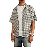 VIPWOLF Men's Plaid Shirts Vintage Short Sleeve Button Up Loose Fit Gingham Tops Streetwear