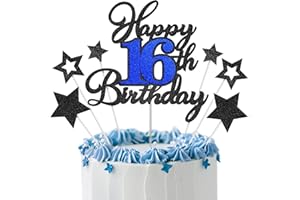 OFFICREATIVE Happy 16th Birthday Cake Toppers, Black Blue Glitter Cake Decorations Set, 16th Birthday Decor, Birthday Anniversary Party Decorations Supplies