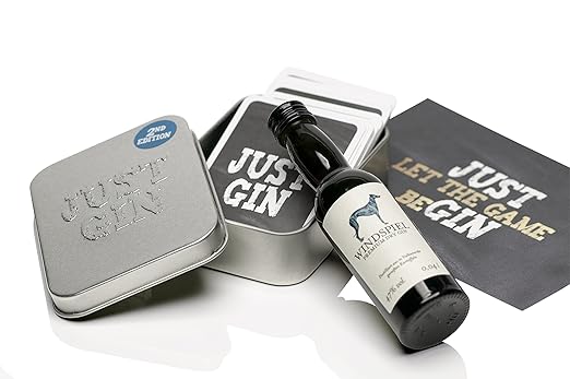 Gin Set : Just Gin Quartett - Kartenspiel 2nd Edition Box + Postkarte + Windspiel Mini Gin