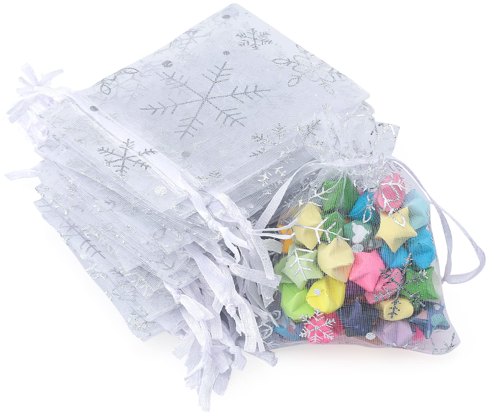 G2PLUS White Christmas Organza Bags 7x9CM: Snowflake Favour Bags for Presents, 100PCS Xmas Snowflake Gift Pouches for Reindeer Food, Christmas, Advent Calendars