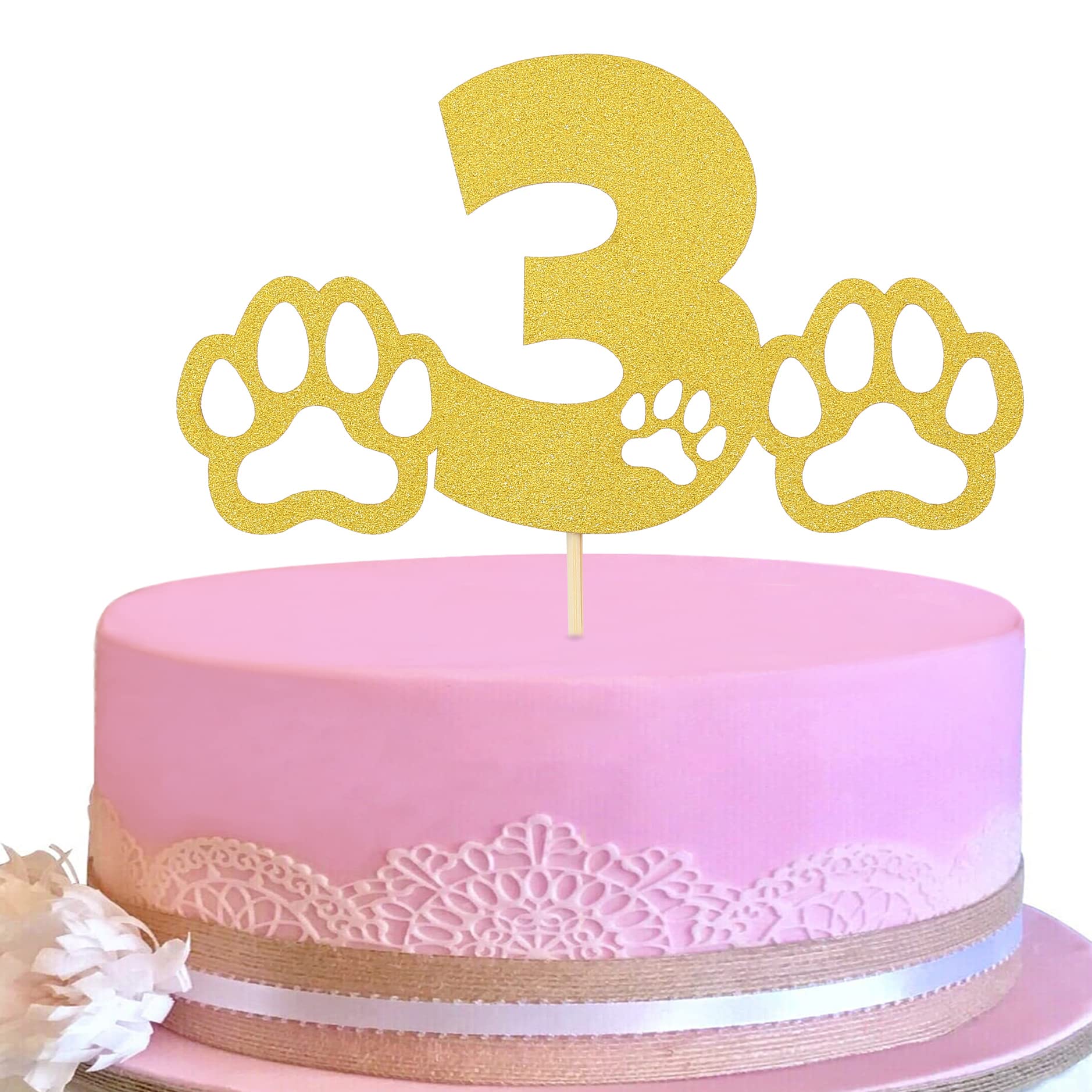 Gold Paw 3th Cake Topper - Gold Glitter 3 Birthday Cake Topper, Dog Theme Birthday Party Cake Decoration Supplies, 3rd Birthday Cake Sign, Happy Birthday To You (gold)