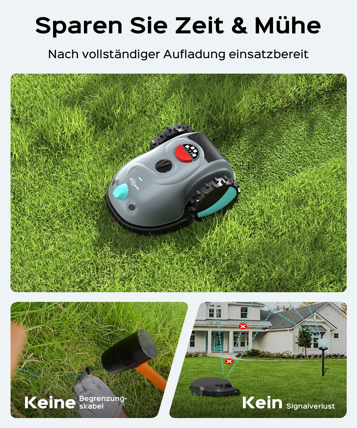 YARDCARE V100 Mähroboter ohne Begrenzungskabel Rasenroboter mit Kamera, Hindernisvermeidung, Vision Navigation, 4 Ah Akku Rasenmäher Roboter ohne Begrenzungsdraht 150㎡ mit Ersatzklingen, Spiralschnitt 3