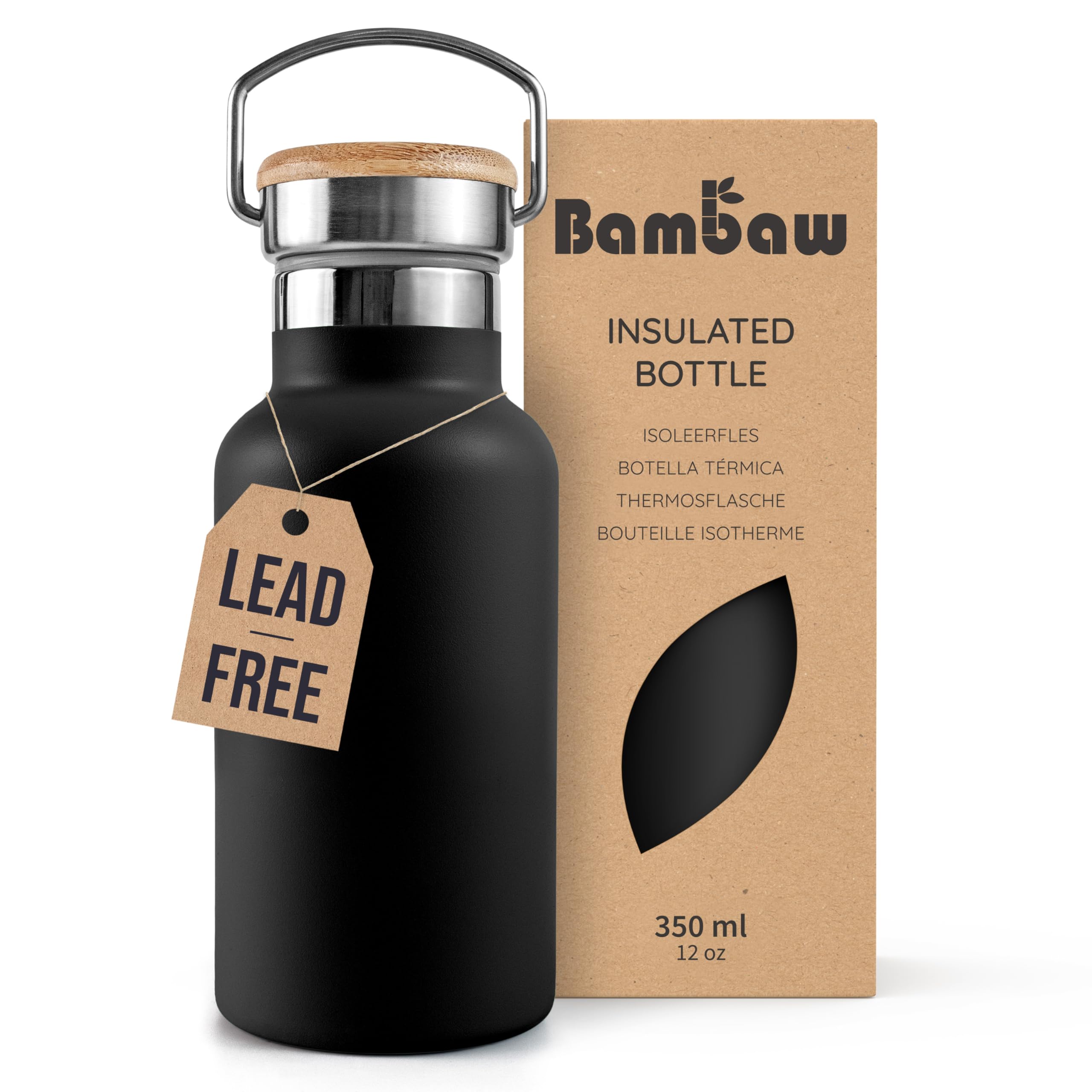 Bambaw Insulated Metal Bottle 350ml with Handle, Double-Walled 350ml Stainless Steel Water Bottle, Durable, Fits Cup Holder, Leak-Proof & Great for Travel (Jet Black)