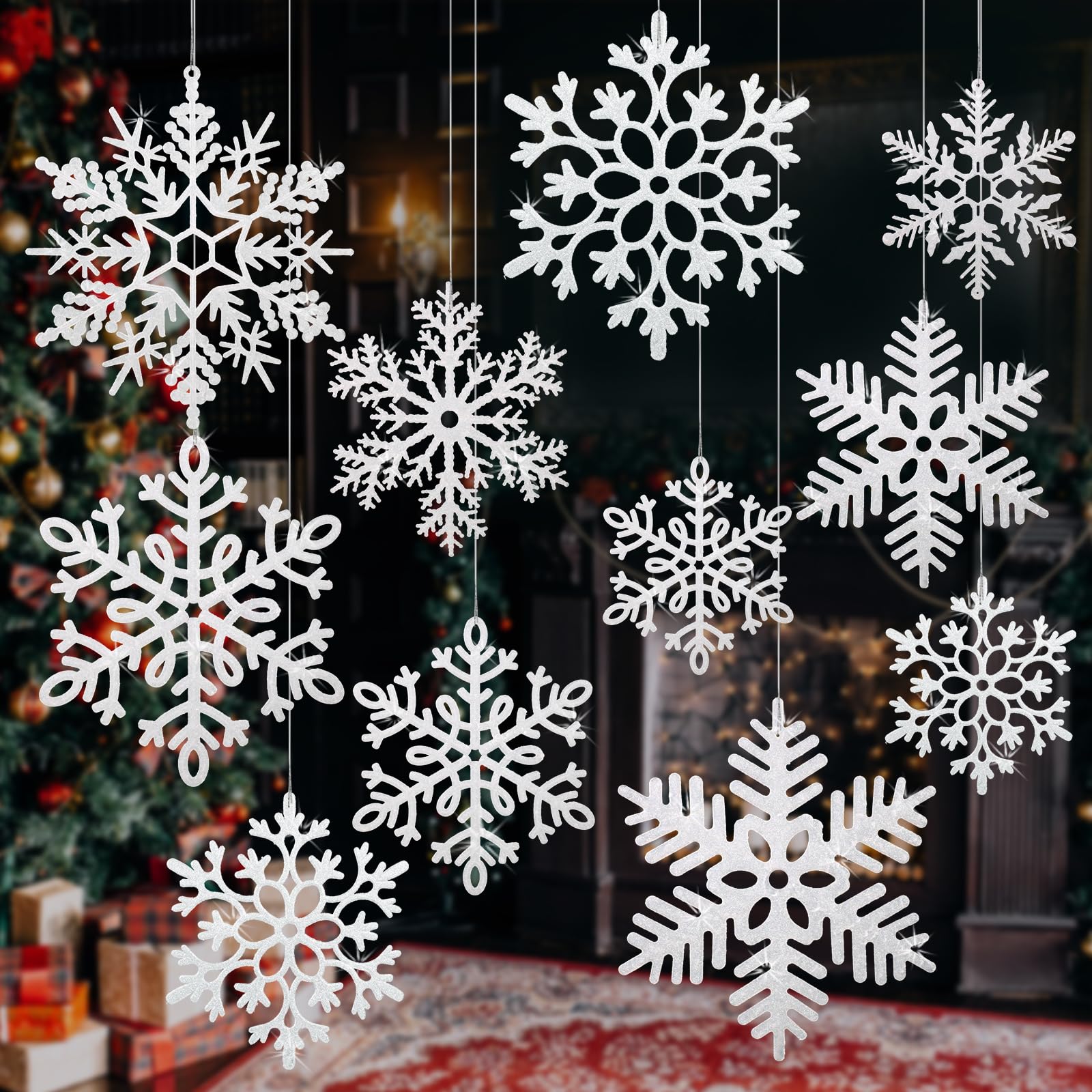 Photo 1 of 12 PCS Large Snowflakes Ornaments - Outdoor Christmas Decor Glitter Giant Hanging Snowflake Decorations for Indoor Outdoor Christmas Tree Decorations(White)