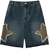 Sunidol Women's Y2K Star Denim Shorts Elastic Waist Summer Casual Loose Straight Baggy Jeans Shorts Jorts with Pockets