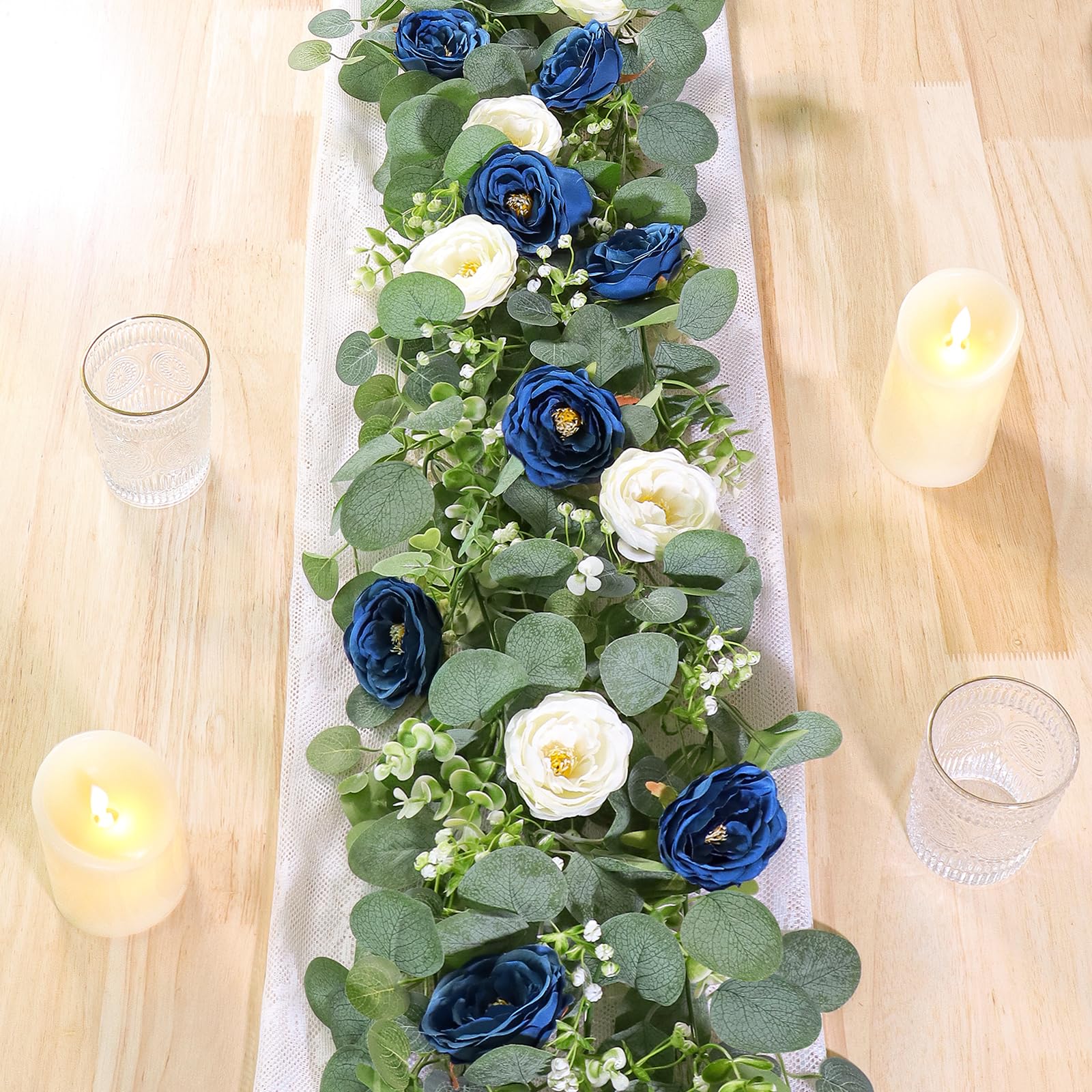 Photo 1 of TOCHGREEN 2 Pack 13Ft Artificial Eucalyptus Flower Garland with White and Blue Roses, Fake Rose Flower Greenery Garland Floral Vines for Wedding Home Party Table Runner Decor (Blue White, 2PCS)